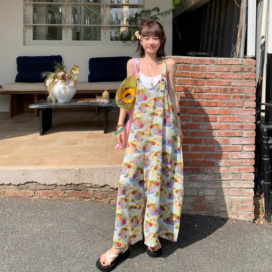 【ボトムス】夏新作 レトロ アート風オイルペイント柄 ゆったりシルエット Vネックオールインワン【SHシリーズ】