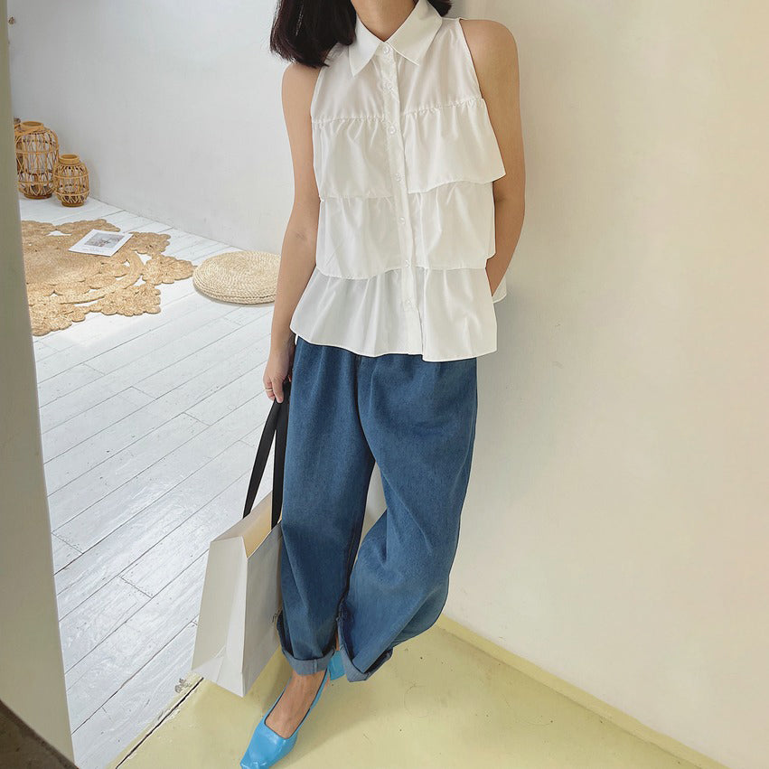 【トップス】デザイン性あり シャツ 夏用 フリル付き ゆったり 韓国風 小柄女性向け【JZシリーズ】