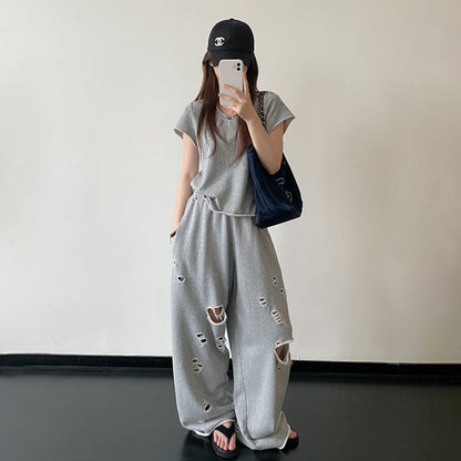 【セットアップ】【単品注文】春夏 半袖Tシャツ＋ワイドパンツ 上下セット グレー ルーズフィット ダメージ風 カジュアル スポーツミックス リラックスコーデ【FCシリーズ】