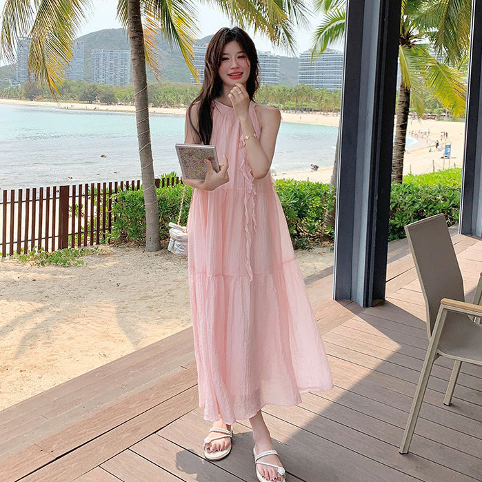 【ワンピース】夏 バカンス風 立体フラワー 甘め ハイネックノースリーブワンピース【JZシリーズ】