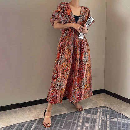 【ワンピース】ヴィンテージ風 レディース Vネック 半袖ワンピース 夏新作 ゆったり ミモレ丈 スリム見え フレンチスタイル【SHシリーズ】