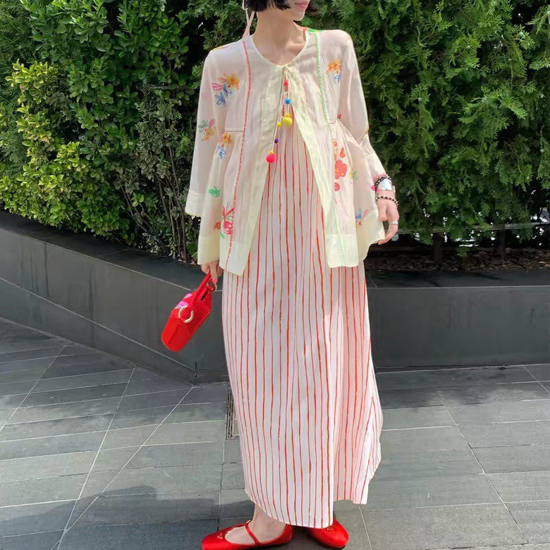 【ワンピース】カラーフラワー キャミワンピース レディース Vネック ウエストマーク フレアロング丈 リラックス感 夏ワンピース【SHシリーズ】