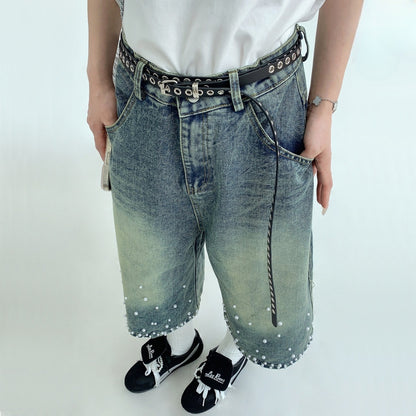 【ボトムス】夏 ヴィンテージ加工 ビジュー付き 七分丈パンツ 【FCシリーズ】