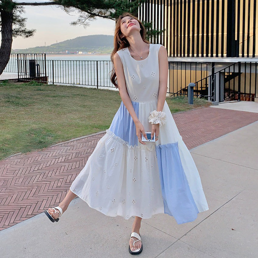 【ワンピース】配色 フリル ノースリーブワンピース レディース 夏 ロングワンピース ゆったり 体型カバー 人気 フレンチ風【SHシリーズ】