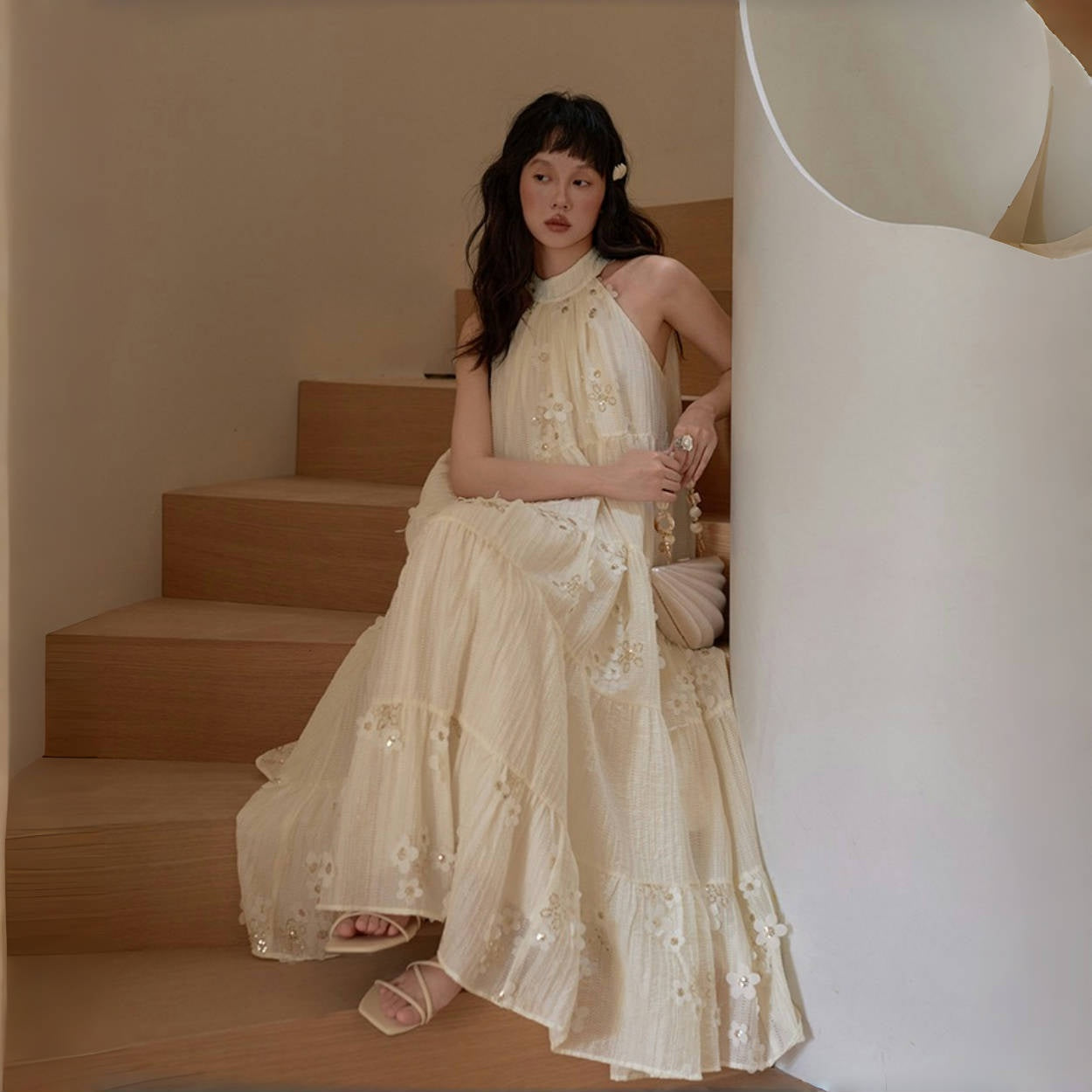 【ワンピース】夏 刺繍  エレガント 花柄スパンコール  ホルターネック  ノースリーブ ワンピース 【SHシリーズ】