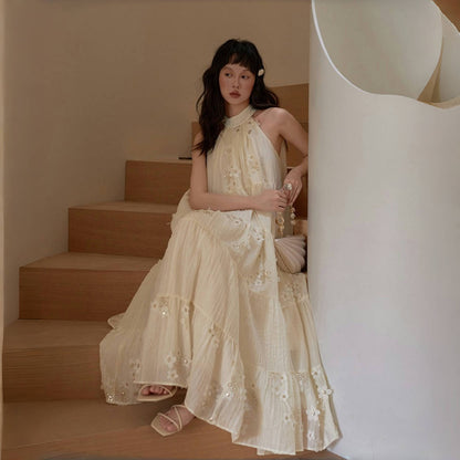 【ワンピース】夏 刺繍  エレガント 花柄スパンコール  ホルターネック  ノースリーブ ワンピース 【SHシリーズ】