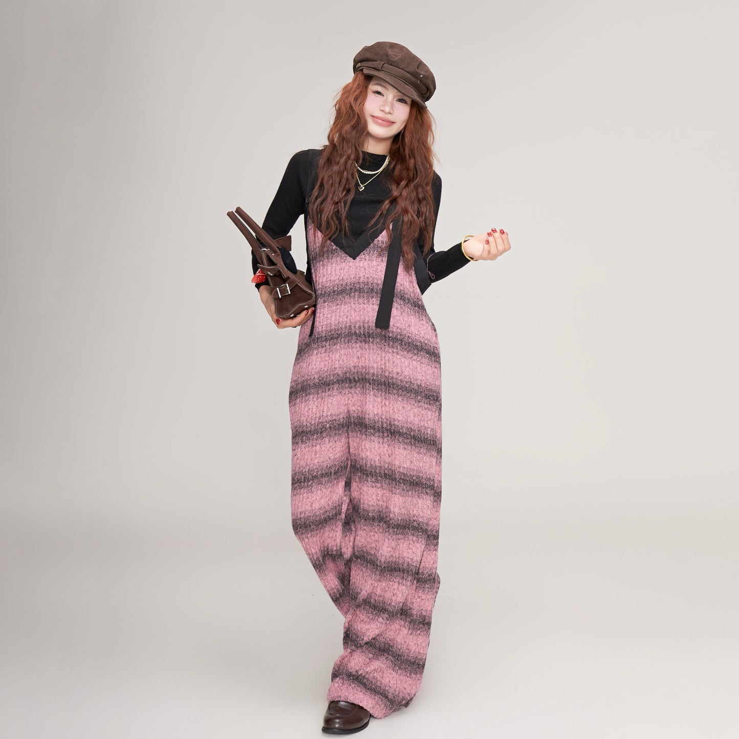 【ボトムス】秋冬 ゆったりVネック ニットサロペット グラデーション ワイドパンツ レディース オールインワン【SHシリーズ】