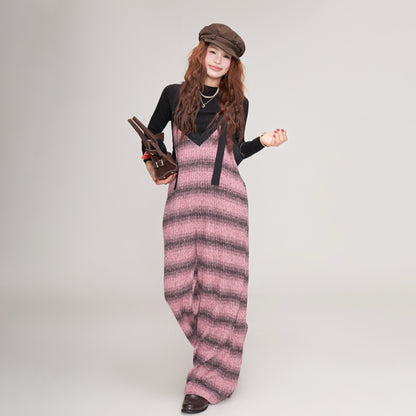 【ボトムス】秋冬 ゆったりVネック ニットサロペット グラデーション ワイドパンツ レディース オールインワン【SHシリーズ】