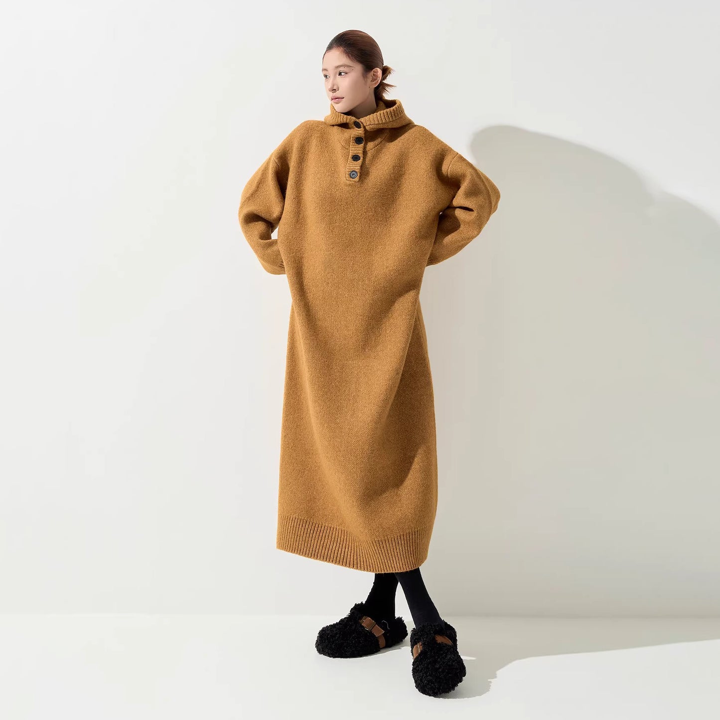 【ワンピース】フード付き ニット長袖ワンピース レディース 秋冬 韓国風 ルーズ 体型カバー ロング丈【FCシリーズ】【15～20日内発送】