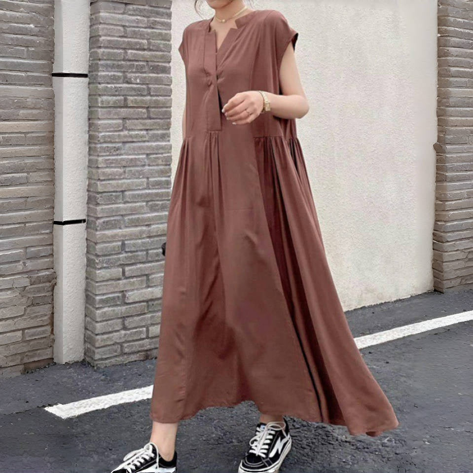 【ワンピース】夏 レトロアート風 ミディ丈 無地 ゆったり 大きいサイズ 半袖ワンピース