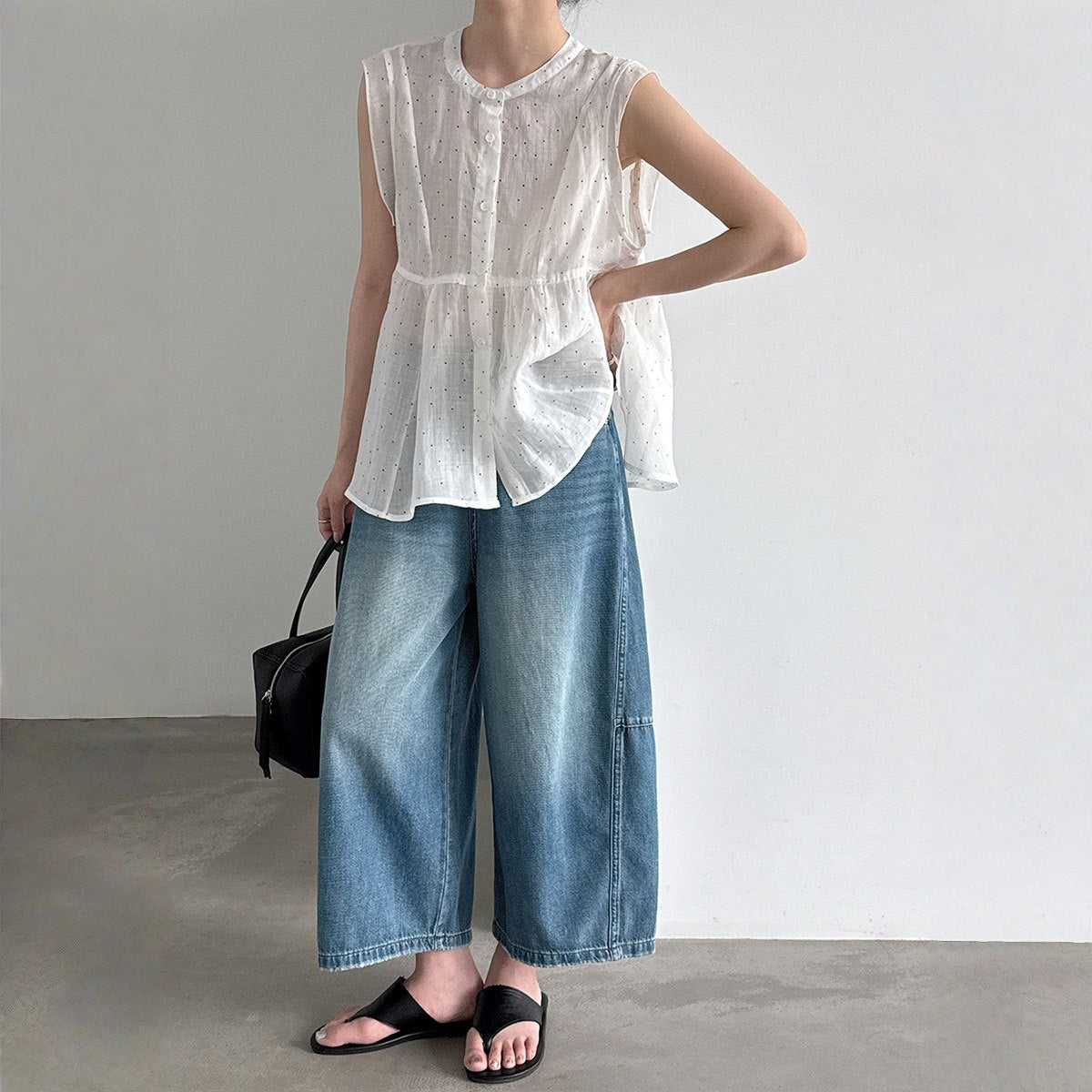 【ボトムス】ベルト付き ウォッシュドデニム ワイド クロップドパンツ 【JZシリーズ】