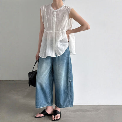 【ボトムス】ベルト付き ウォッシュドデニム ワイド クロップドパンツ 【JZシリーズ】
