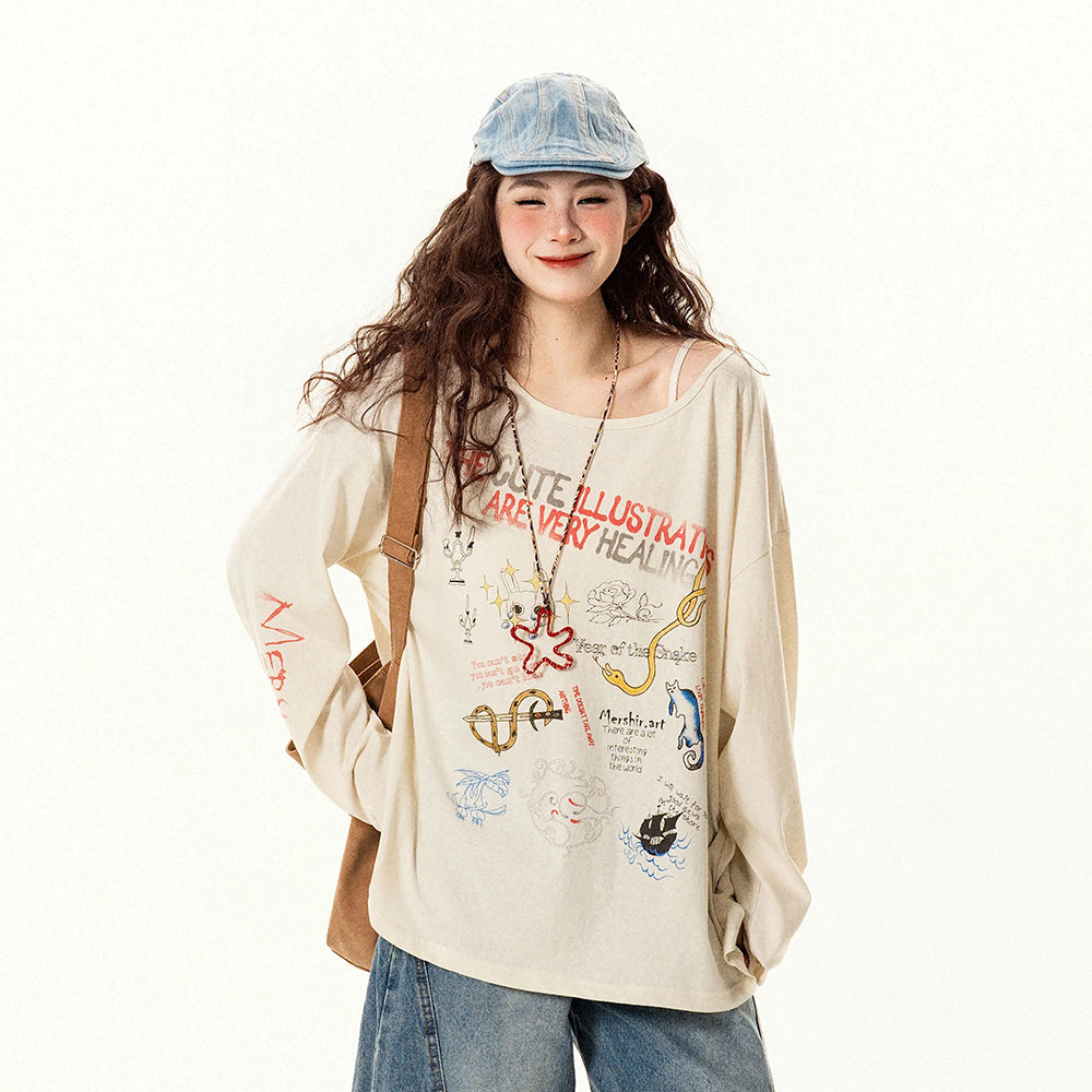 【トップス】ゆったり 趣味落書き風 ラウンドネック 長袖Tシャツ レディース 夏 薄手 カジュアル【FCシリーズ】【15〜20日発送】