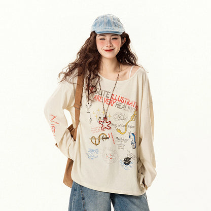 【トップス】ゆったり 趣味落書き風 ラウンドネック 長袖Tシャツ レディース 夏 薄手 カジュアル【FCシリーズ】【15〜20日発送】