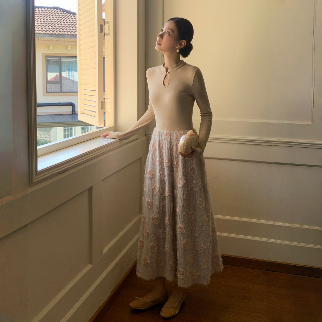 【ワンピース】春 秋 冬 花柄刺繍 細見え インナー 長袖 ワンピース  【JZシリーズ】