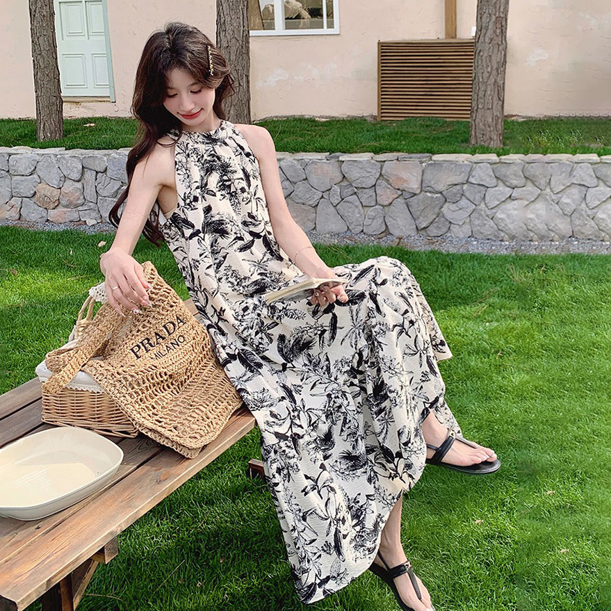 【ワンピース】夏新作 フレンチチャイナ 水墨花柄 ハイネック ノースリーブワンピース【SHシリーズ】