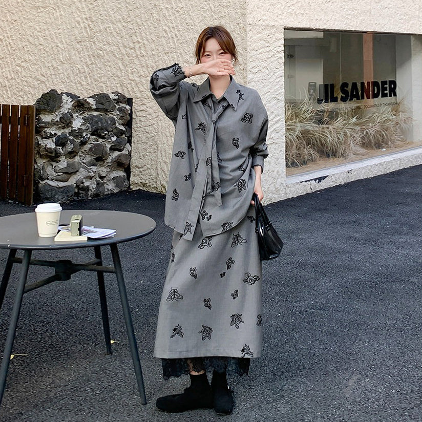 【セットアップ】春秋新作 グレー×フラワープリント シャツ×スカート 上下セット 韓国チック オールドマネー風【SHシリーズ】