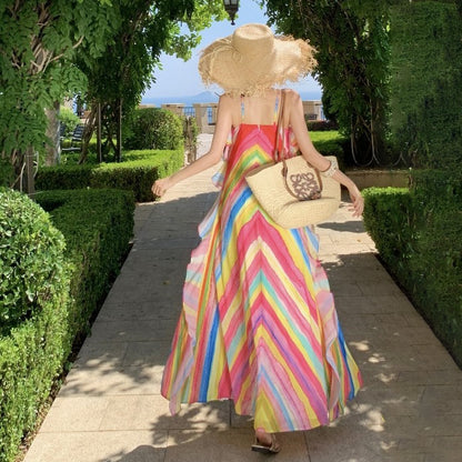 【ワンピース】ストライプ柄 ワンピース レディース 夏 リゾート風 ノースリーブ ロングワンピース 旅行コーデ【SHシリーズ】