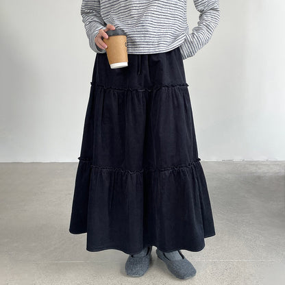 【ボトムス】韓国風 フリルプリーツスカート レディース ウエストゴム Aライン ロング【JZシリーズ】
