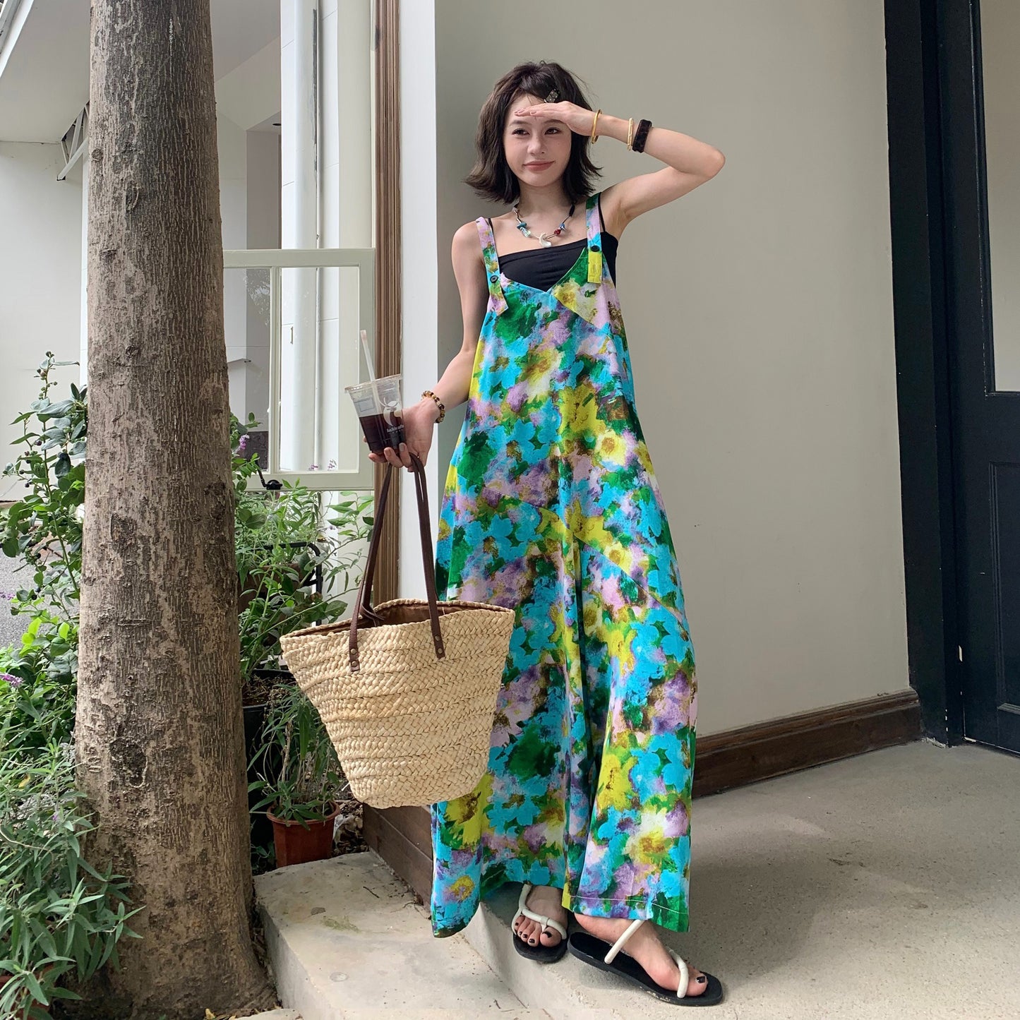 【ボトムス】夏新作 清涼感Vネック ゆったりワイドシルエット オールインワン【SHシリーズ】