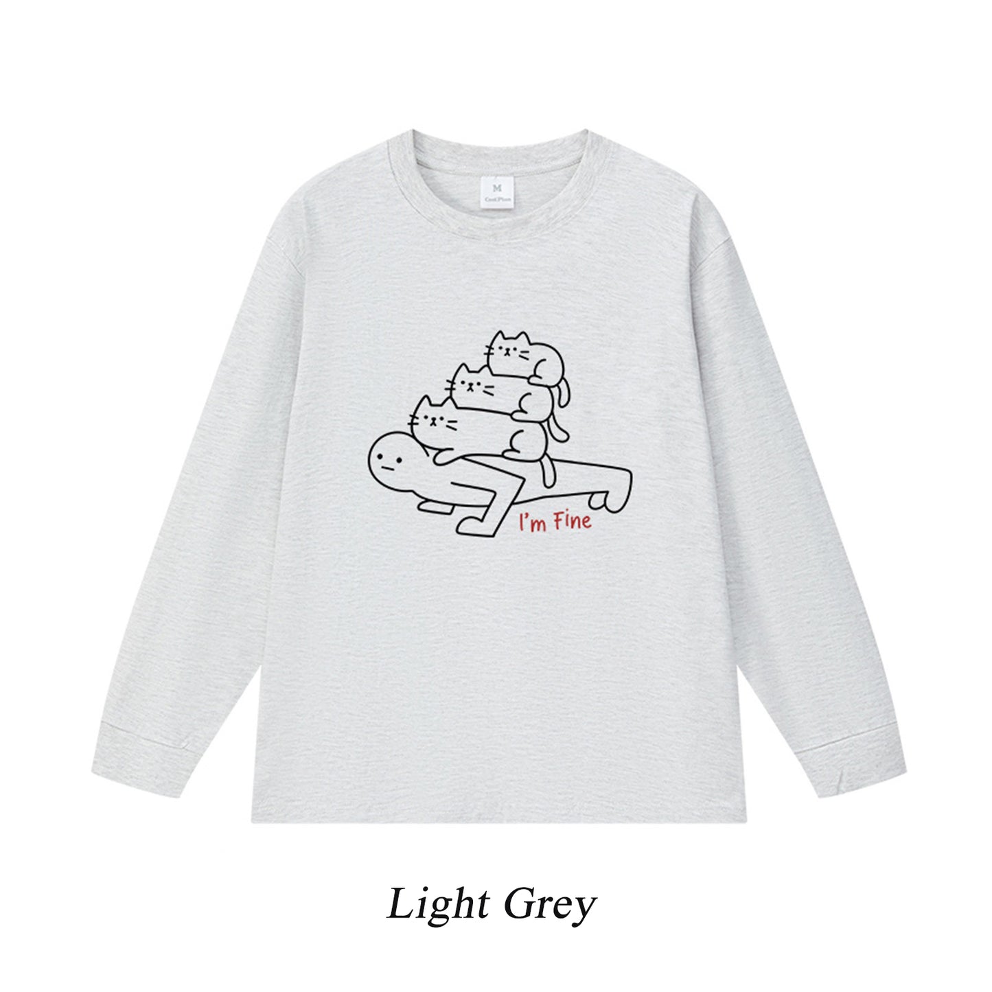 6カラー | S~3XL【トップス】猫からのプレッシャー プリント ロングTシャツ 春秋 ユニセックス ルーズ コットン【FCシリーズ】