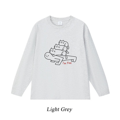 6カラー | S~3XL【トップス】猫からのプレッシャー プリント ロングTシャツ 春秋 ユニセックス ルーズ コットン【FCシリーズ】