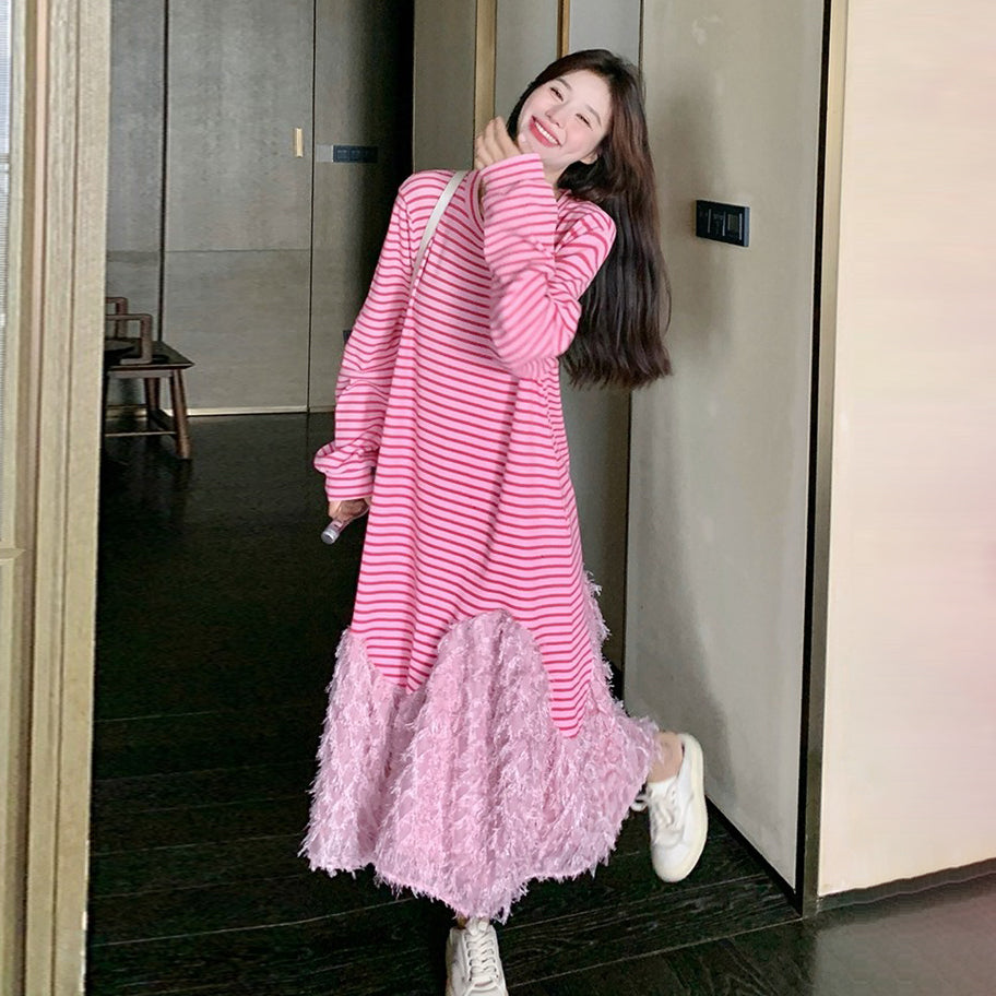 【ワンピース】トレンド切り替え ピンクストライプ 長袖ワンピース  フェイクレイヤード マーメイドスカート カジュアル スウェットワンピ 【SHシリーズ】