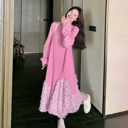 【ワンピース】トレンド切り替え ピンクストライプ 長袖ワンピース  フェイクレイヤード マーメイドスカート カジュアル スウェットワンピ 【SHシリーズ】