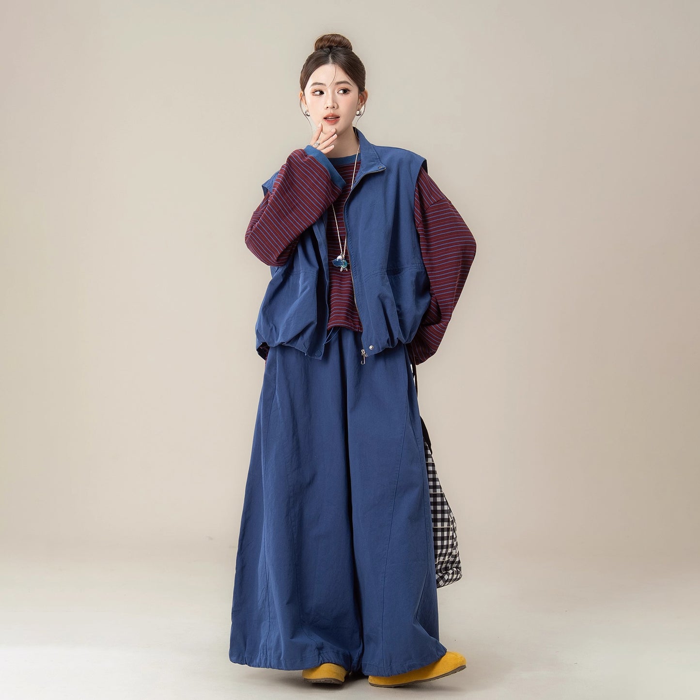 【単品注文】【セットアップ】秋新作 ゆったり ストライプTシャツ＋ベスト＋ワイドパンツ 上下セット 体型カバー お洒落【JZシリーズ】