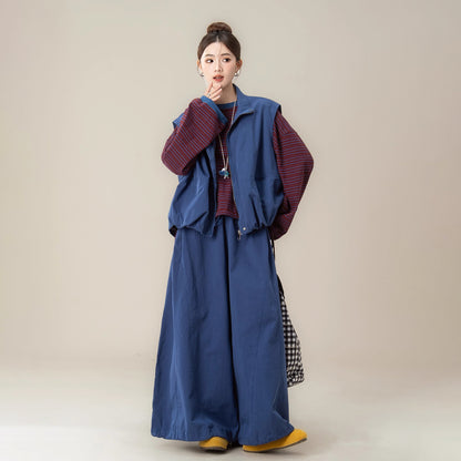 【単品注文】【セットアップ】秋新作 ゆったり ストライプTシャツ＋ベスト＋ワイドパンツ 上下セット 体型カバー お洒落【JZシリーズ】