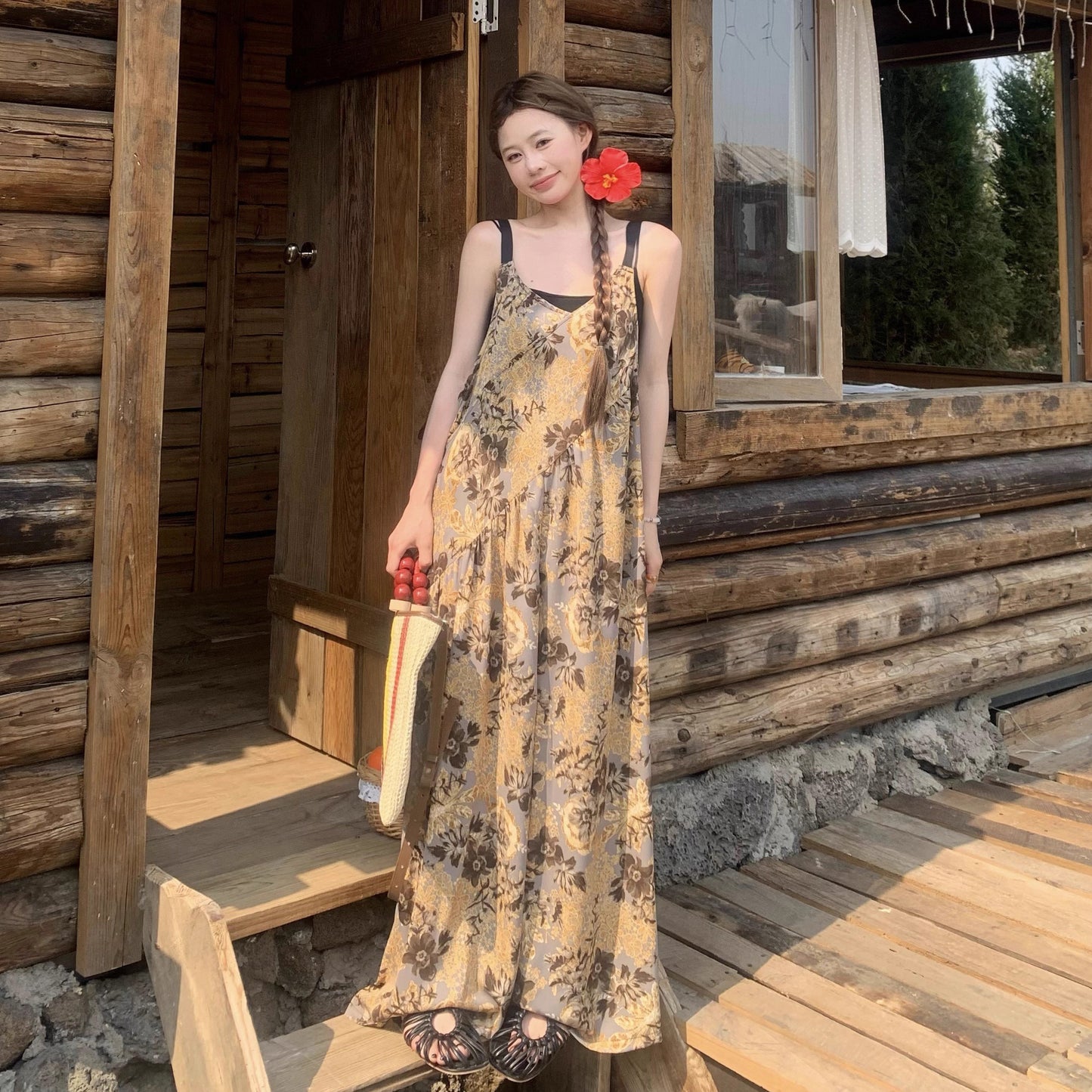 【ボトムス】ゆったりカジュアル 気質Vネック 夏のヴィンテージ風 ノマドテイストキャミオールインワン【SHシリーズ】