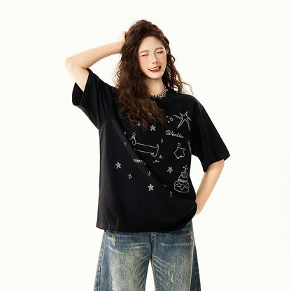 【トップス】グラフィティ Tシャツ レディース 夏 半袖 ラインストーン ゆったり オーバーサイズ 人気 カジュアル【FCシリーズ】