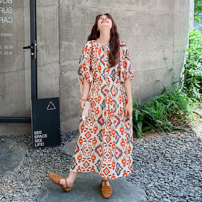 【ワンピース】夏 フレンチ風 旅行リゾート風 プリント パフスリーブ 半袖ワンピース【SHシリーズ】