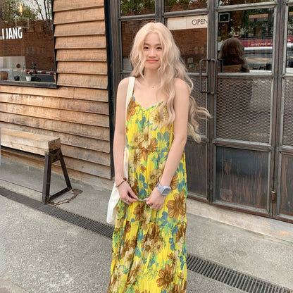 【ワンピース】リゾート風 花柄  キャミソール ティーブレイク風 ノースリーブ ロング ワンピース 【SHシリーズ】