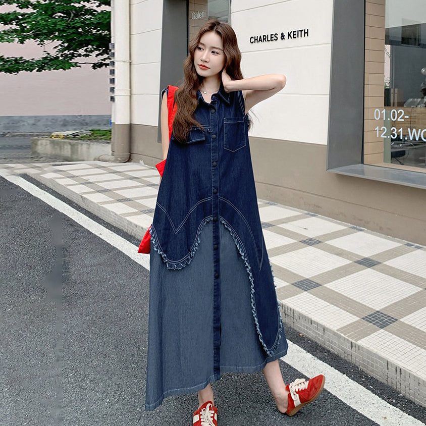 【ワンピース】フェイクレイヤードデニムノースリーブワンピース レディース 夏新作 韓国風 おしゃれロングドレス【JZシリーズ】