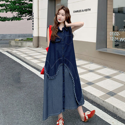 【ワンピース】フェイクレイヤードデニムノースリーブワンピース レディース 夏新作 韓国風 おしゃれロングドレス【JZシリーズ】
