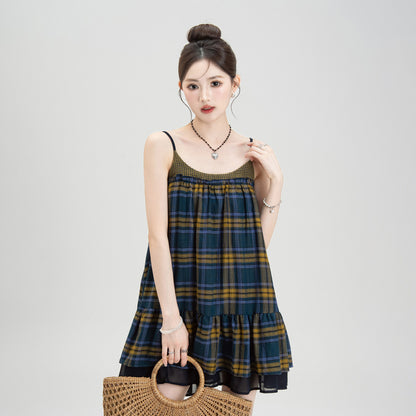 【ワンピース】夏新作 レトロ チェック柄 ノースリーブ ミニワンピース 【SHシリーズ】