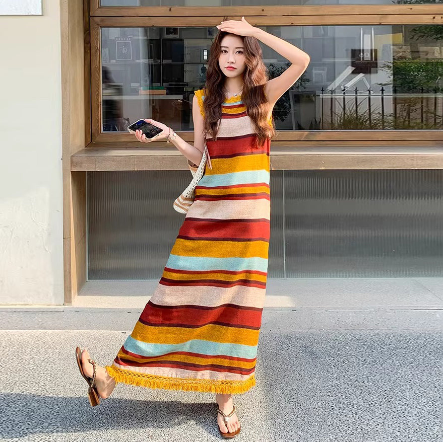 【ワンピース】韓国風ストライプ柄 ゆったりシルエット ドーパミン配色 ノースリーブワンピース【SHシリーズ】