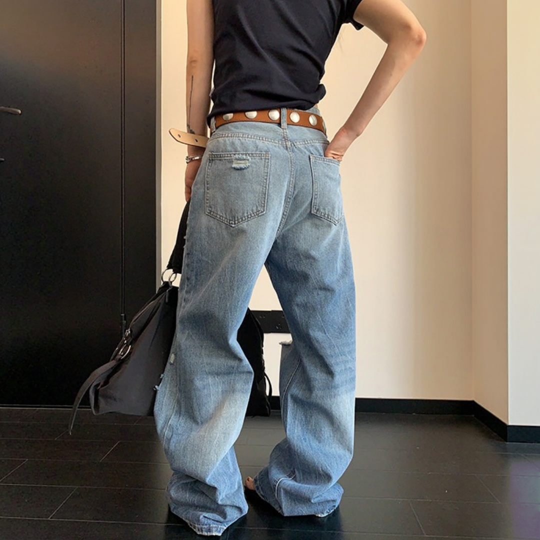 【ボトムス】ユーズド加工 ダメージ加工 ロング丈 ワイドデニムパンツ 【FCシリーズ】