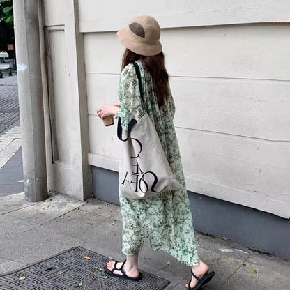 【ワンピース】Vネック半袖 花柄ワンピース レディース 七分袖 ミモレ丈 ゆったりシルエット【SHシリーズ】