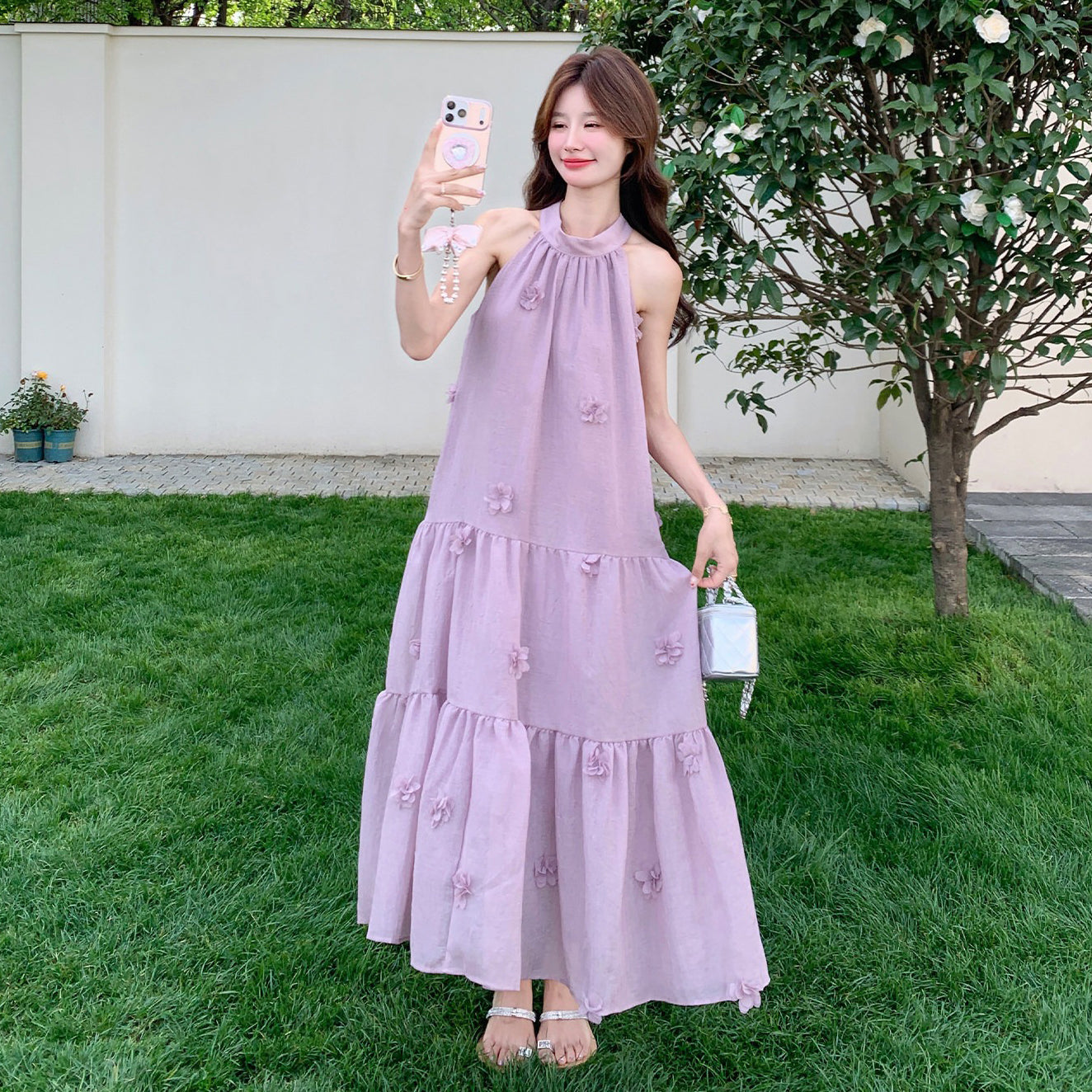 【ワンピース】フレンチ風パープル立体フラワー ノースリーブワンピース レディース 夏新作 ゆったり 体型カバー【JZシリーズ】