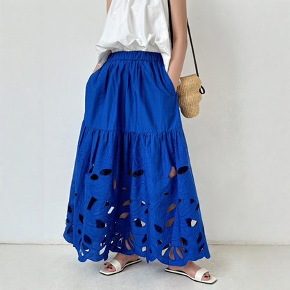 【ボトムス】クラインブルー レーザーカット透かしデザイン 両サイド刺繍 ウエストゴム仕様 スカート 【JZシリーズ】