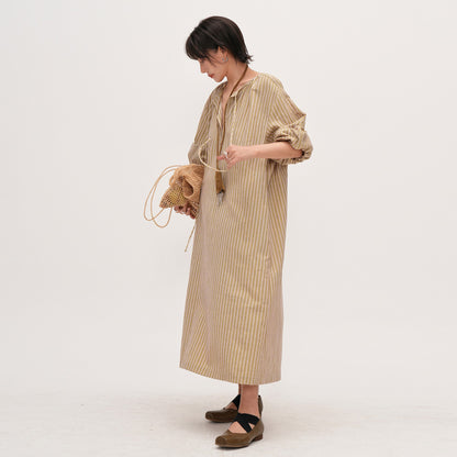 【ワンピース】夏新作 ナチュラルストライプ ゆったりワンピース 薄手七分袖ロングドレス 大きめサイズ カジュアル文芸風【JZシリーズ】【SHシリーズ】