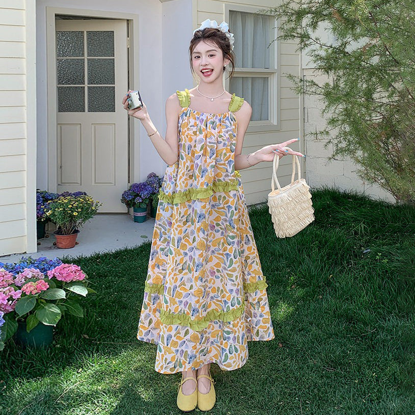 【ワンピース】大人可愛い 花柄 キャミワンピース レディース 夏 フリル 配色デザイン ノースリーブ ロング丈 フェミニン ワンピース【SHシリーズ】