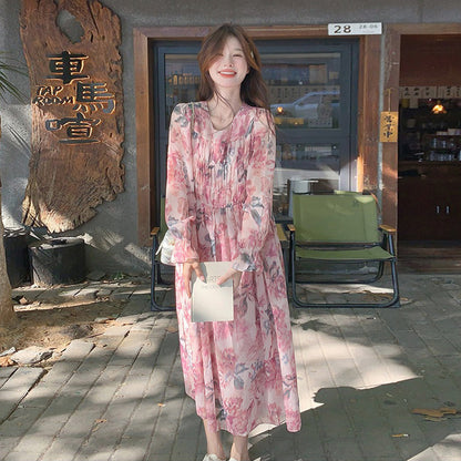 【ワンピース】ロマンチック フレンチ ピンク 小花柄 ワンピース 春夏秋 細見え 若見え 上品 長袖 ドレス【SHシリーズ】