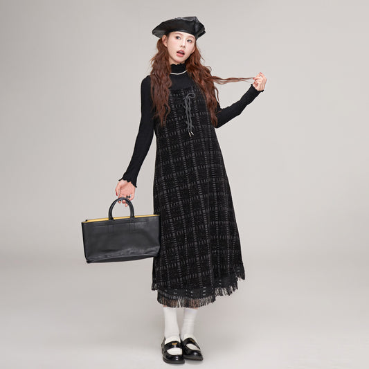 【ワンピース】チェック柄 レディース 秋冬 蝶リボン付き サロペット コーデュロイ ノースリーブワンピース【JZシリーズ】