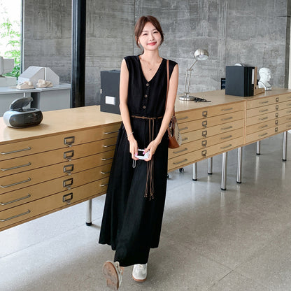 【ワンピース】 上品Vネック ノースリーブワンピース レディース 夏 フレンチ風 大人っぽ 高級感 ウエストマーク細見え ロング丈ドレス【JZシリーズ】