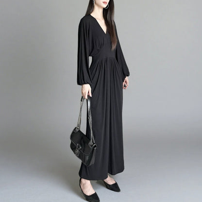 【ワンピース】フレンチVネックロングワンピース レディース 長袖 ウエストマーク ポケット付き きれいめ 通勤【JZシリーズ】