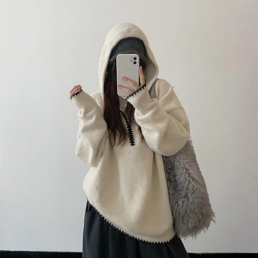 【トップス】ルーズ感 春 秋 冬 フード付き ニット セーター 【FCシリーズ】