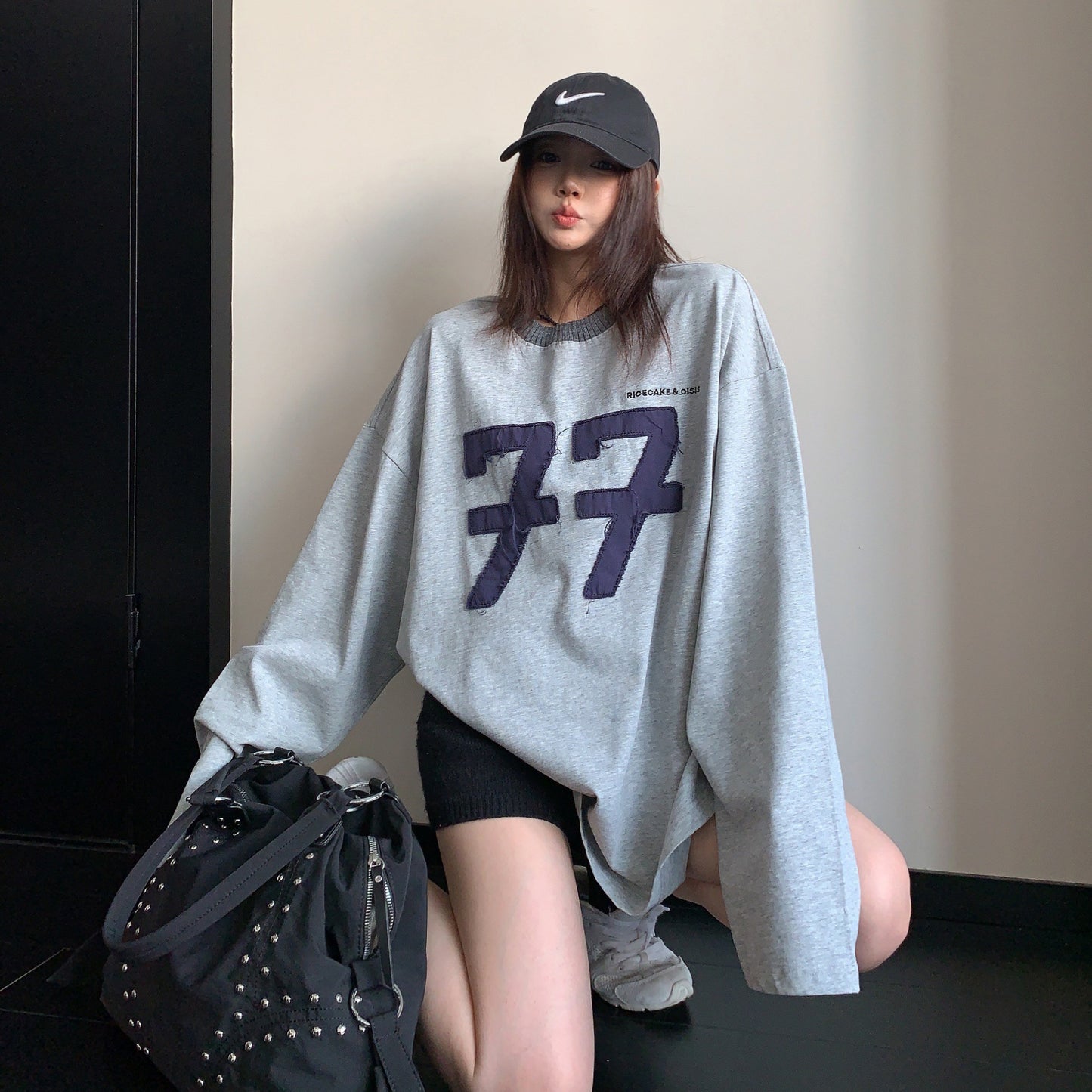 【トップス】ヴィンテージ数字刺繍ロンT レディース ウォッシュ加工 配色 オーバーサイズ 長袖Tシャツ【FCシリーズ】